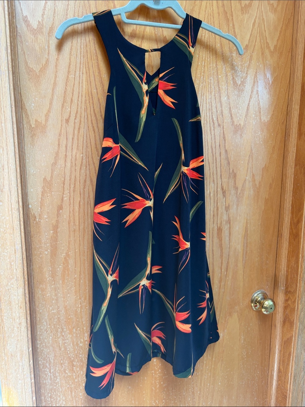 J.O.A. Black Halter Dress with Orange & Green Tropical Print